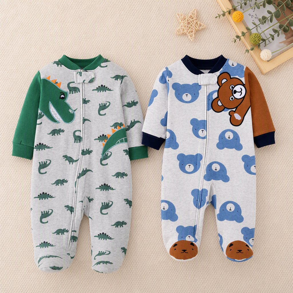 Cotton Baby Onesies Zipper - Romper Bayi Laki-laki 3-9 Bulan Katun
